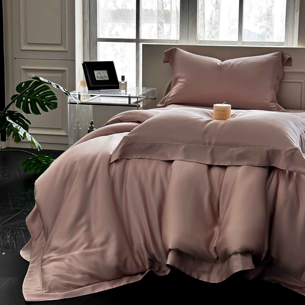 91家纺网 家纺一手货源 找家纺 安妮家居 2025新款100S长绒棉贡缎纯色四件套 蔷薇粉