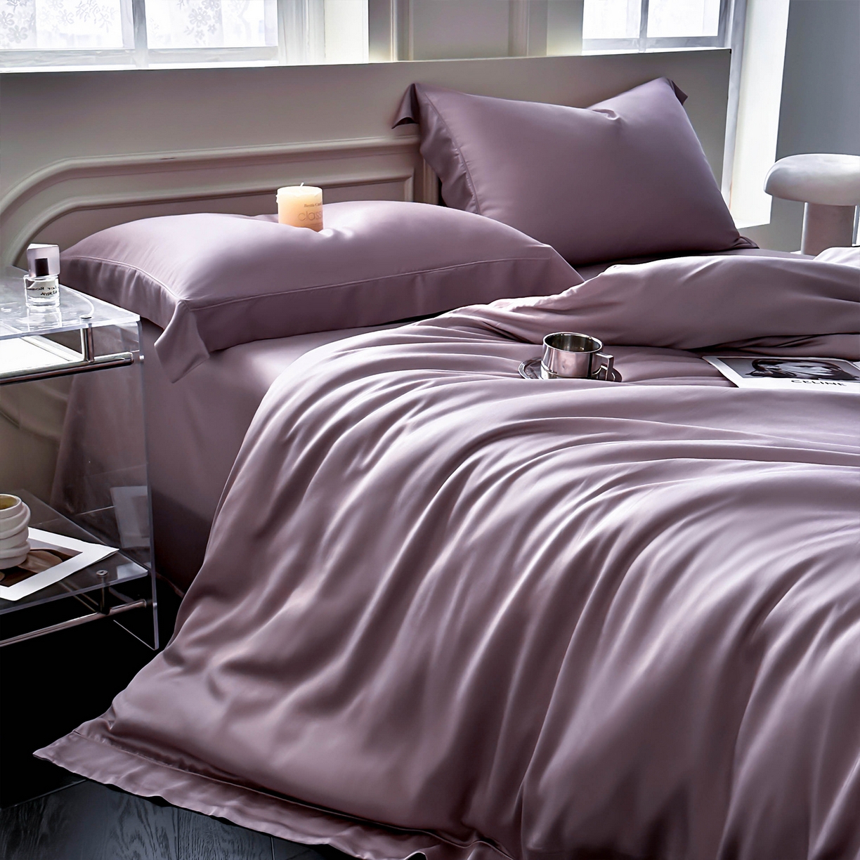 安妮家居 2025新款100S长绒棉贡缎纯色四件套 柔缦紫