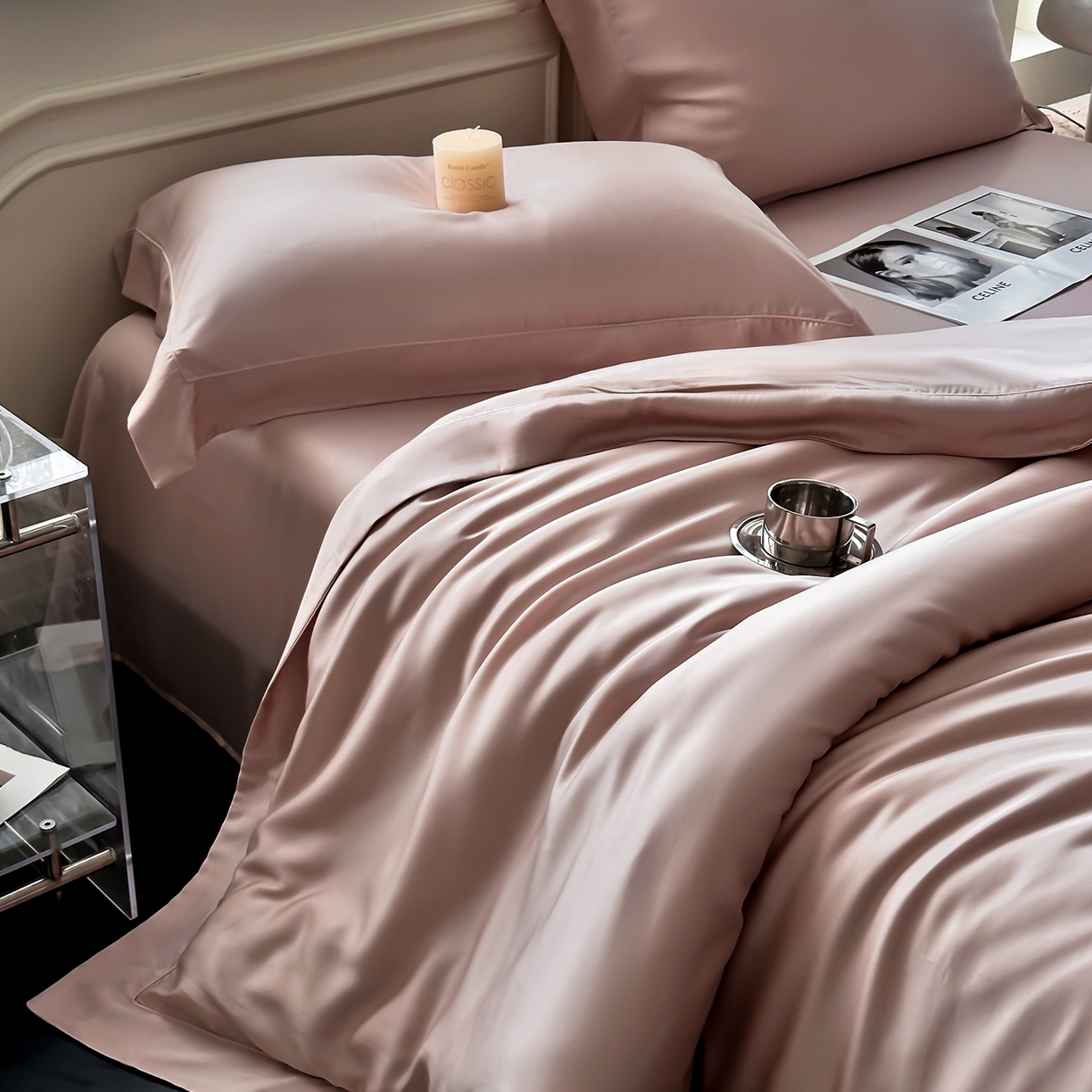 91家纺网 家纺一手货源 找家纺 安妮家居 2025新款100S长绒棉贡缎纯色四件套 蔷薇粉