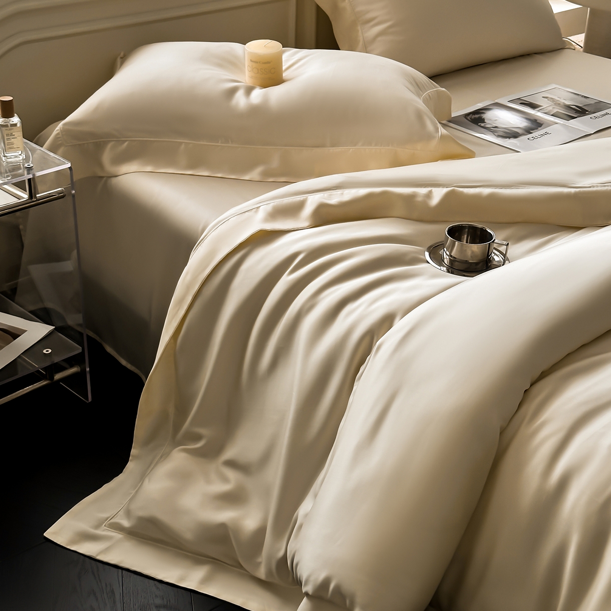 91家纺网 家纺一手货源 找家纺 安妮家居 2025新款100S长绒棉贡缎纯色四件套 奶白色