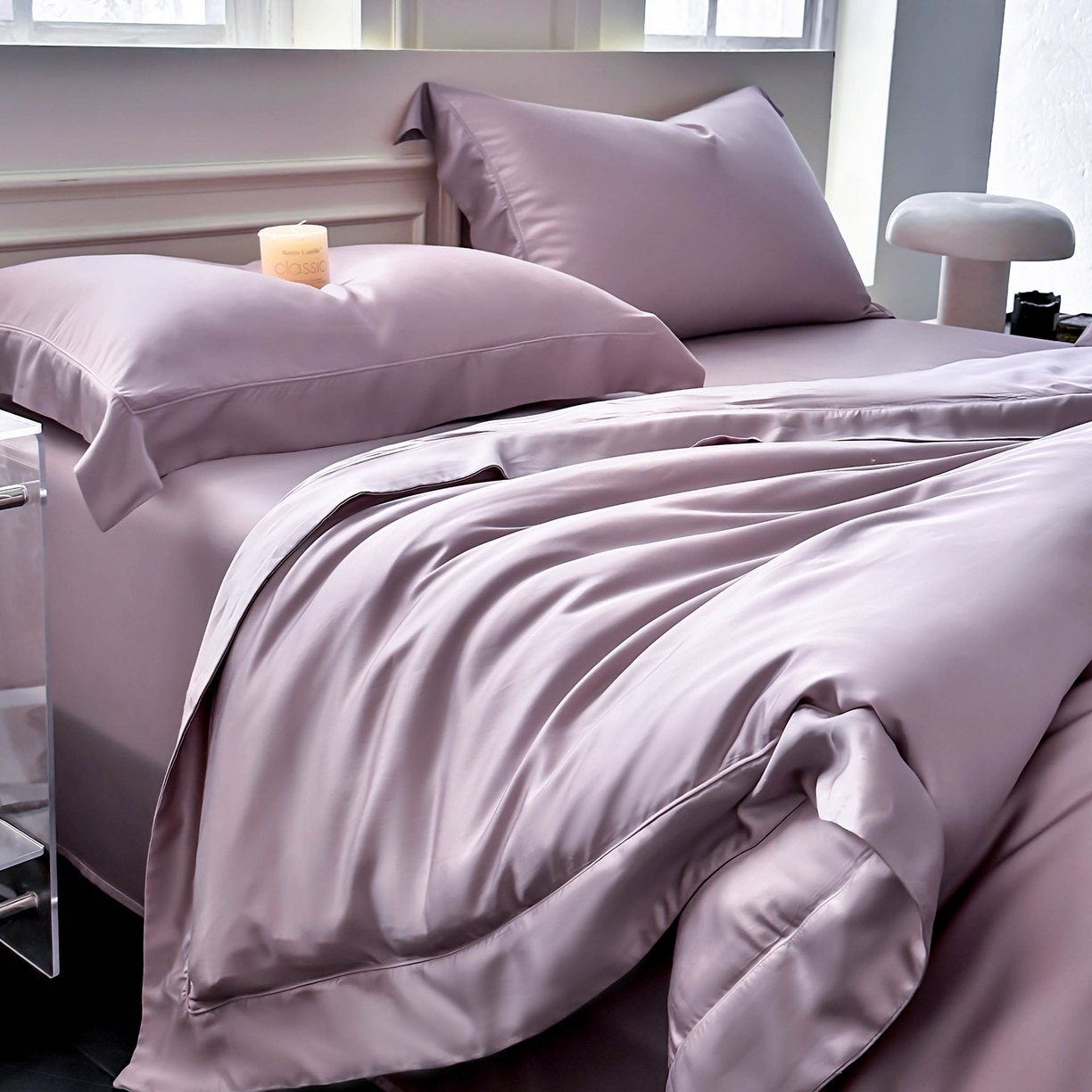 91家纺网 家纺一手货源 找家纺 安妮家居 2025新款100S长绒棉贡缎纯色四件套 柔缦紫