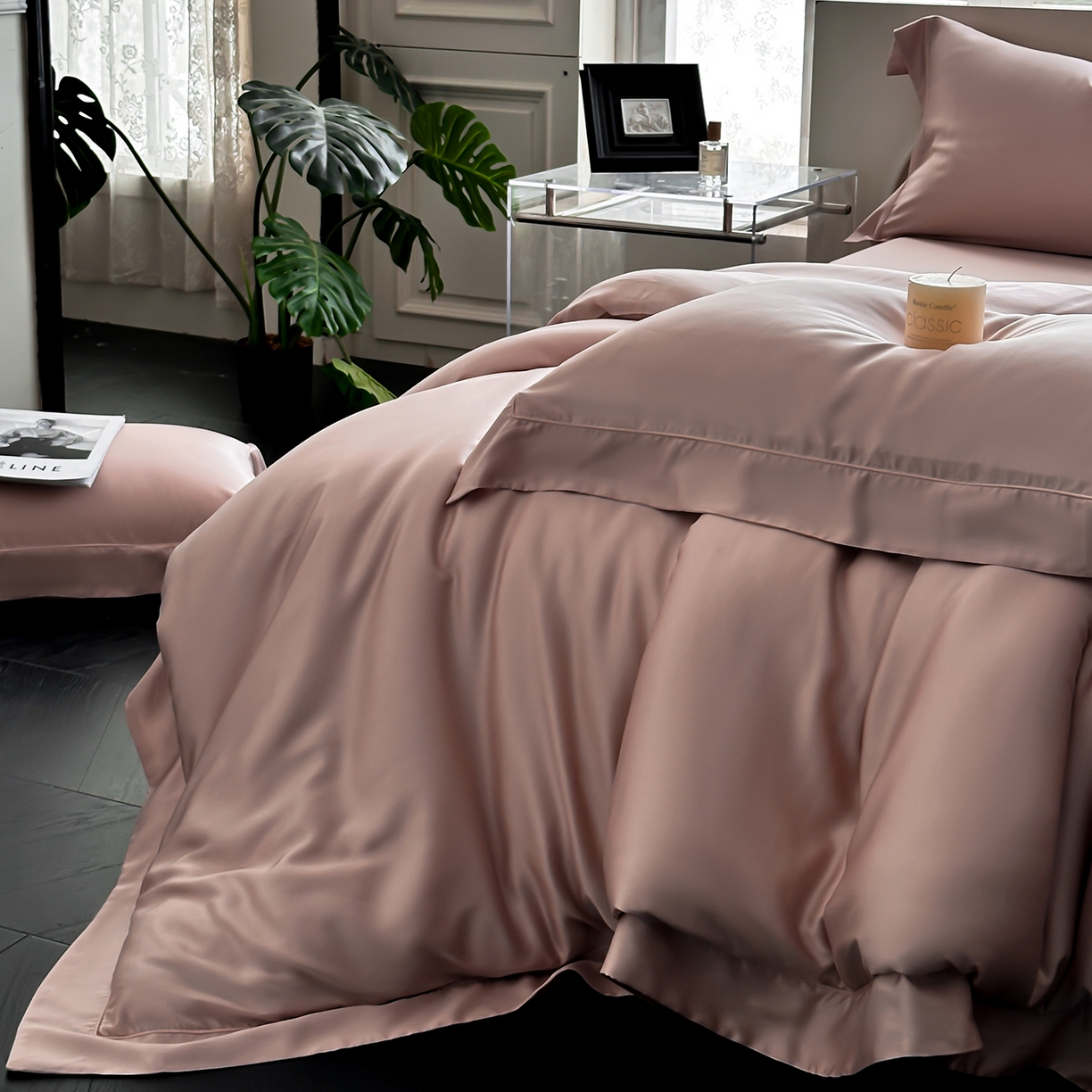 91家纺网 家纺一手货源 找家纺 安妮家居 2025新款100S长绒棉贡缎纯色四件套 蔷薇粉