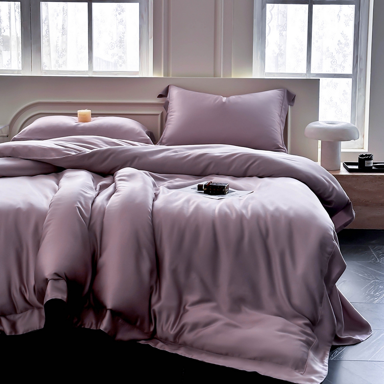 91家纺网 家纺一手货源 找家纺 安妮家居 2025新款100S长绒棉贡缎纯色四件套 柔缦紫