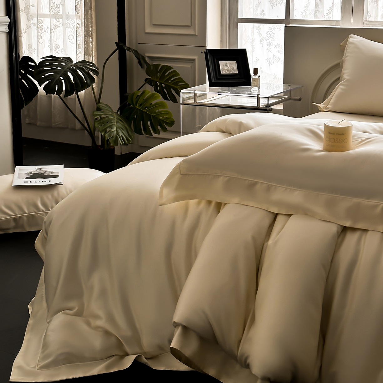 91家纺网 家纺一手货源 找家纺 安妮家居 2025新款100S长绒棉贡缎纯色四件套 奶白色