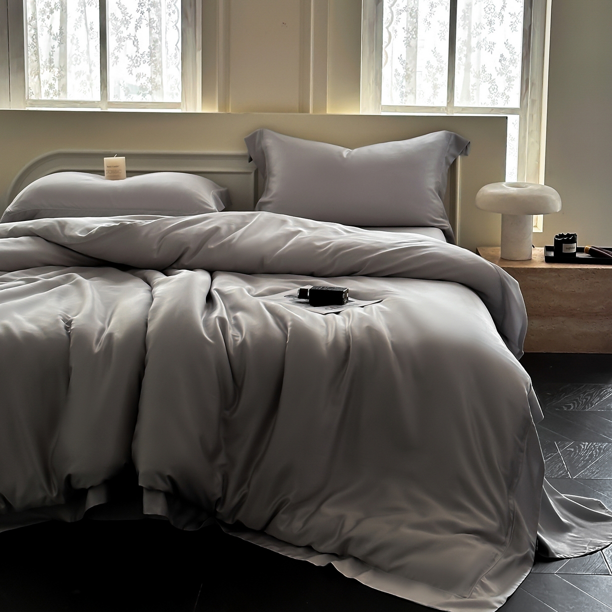 91家纺网 家纺一手货源 找家纺 安妮家居 2025新款100S长绒棉贡缎纯色四件套 胧月灰