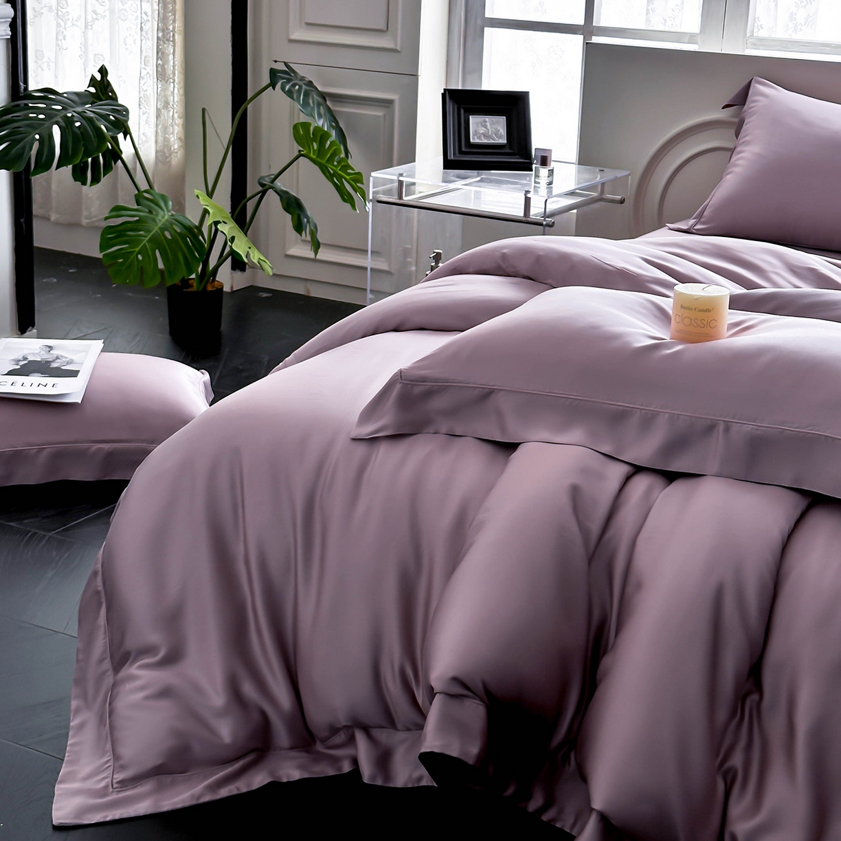 91家纺网 家纺一手货源 找家纺 安妮家居 2025新款100S长绒棉贡缎纯色四件套 柔缦紫