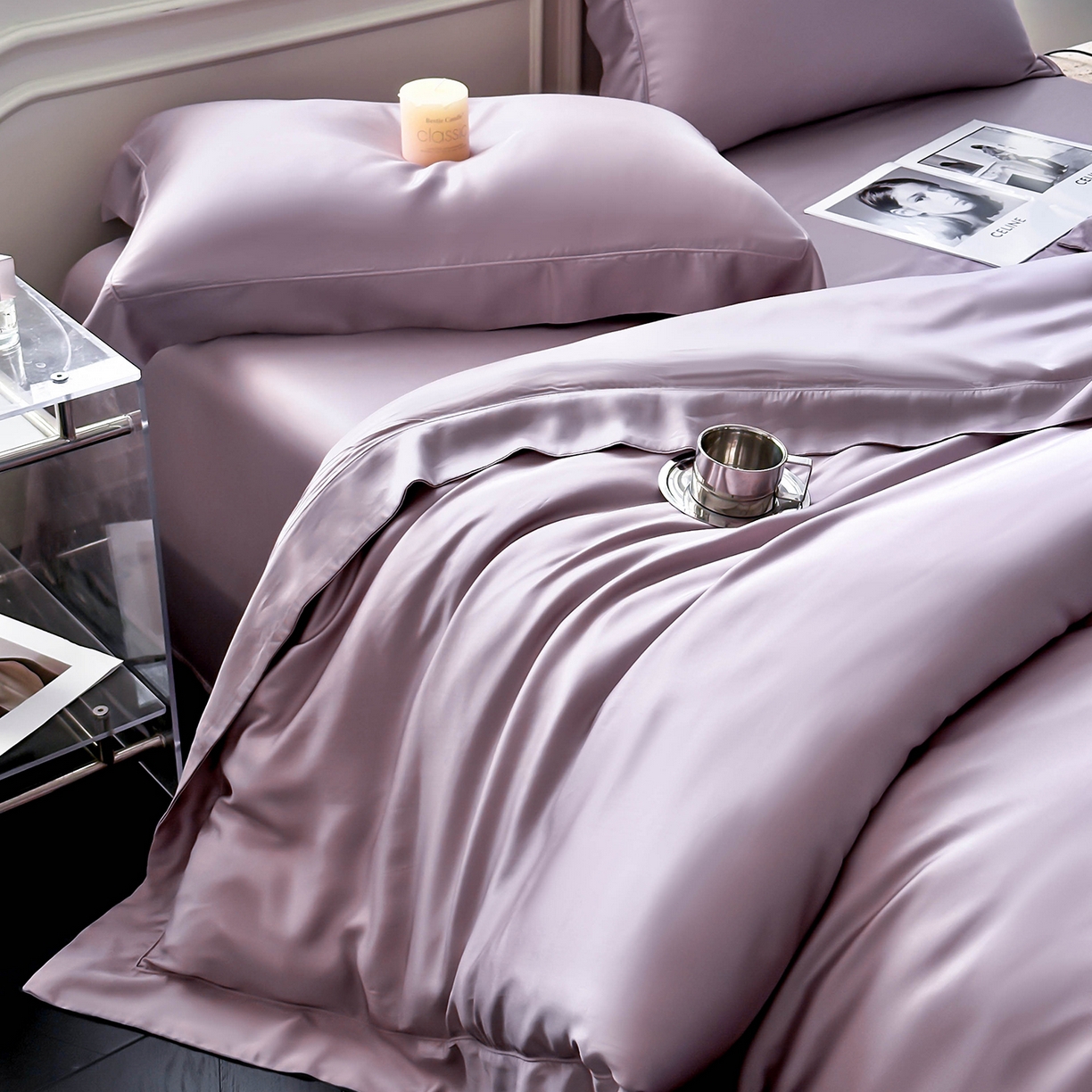 91家纺网 家纺一手货源 找家纺 安妮家居 2025新款100S长绒棉贡缎纯色四件套 柔缦紫