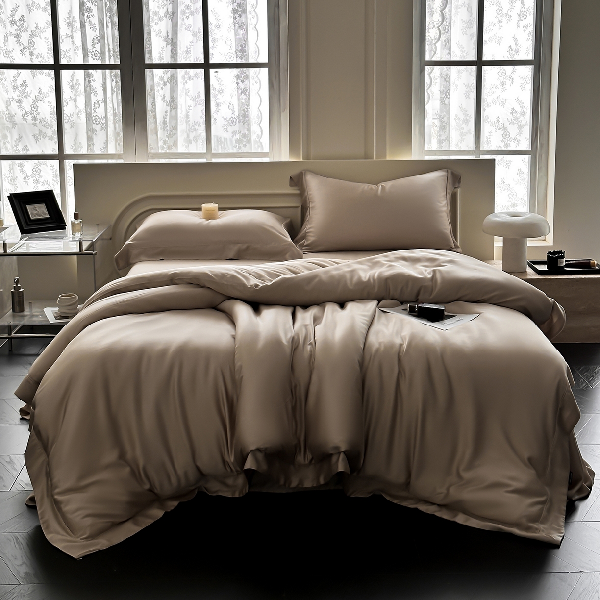 91家纺网 家纺一手货源 找家纺 安妮家居 2025新款100S长绒棉贡缎纯色四件套 砂砾咖