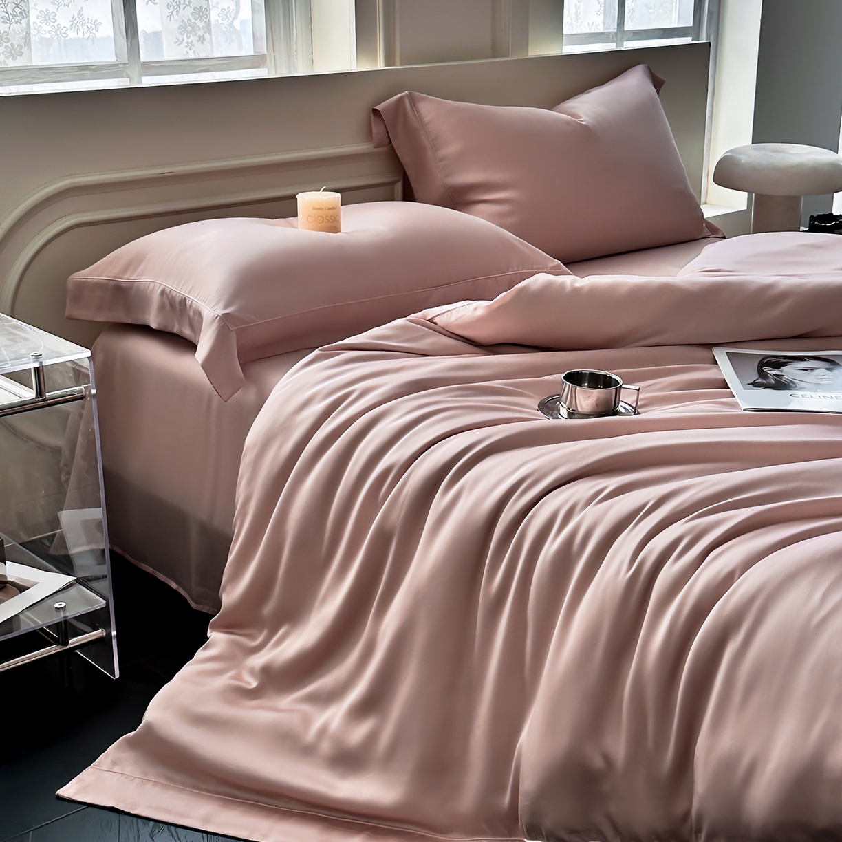 安妮家居 2025新款100S长绒棉贡缎纯色四件套 蔷薇粉