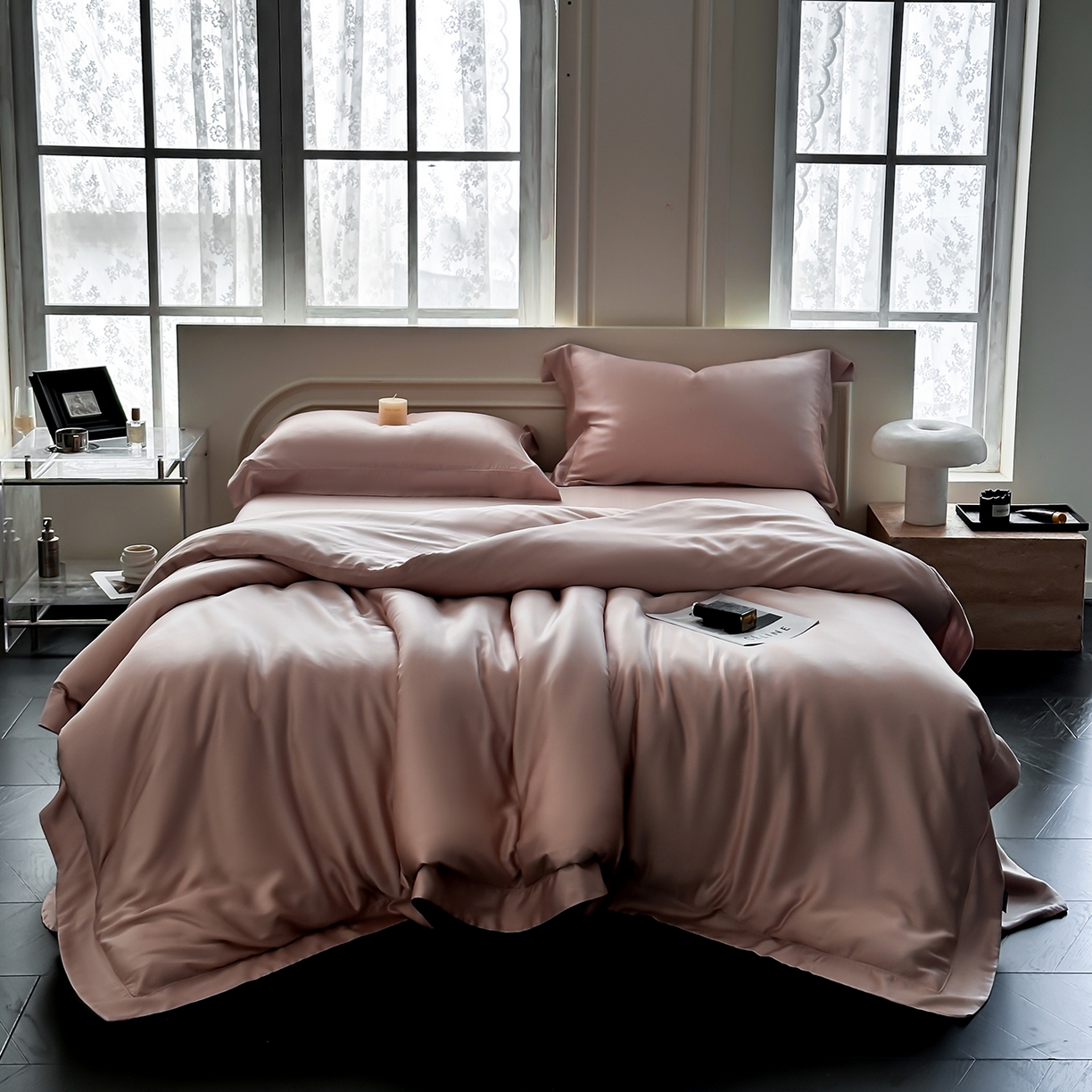 91家纺网 家纺一手货源 找家纺 安妮家居 2025新款100S长绒棉贡缎纯色四件套 蔷薇粉