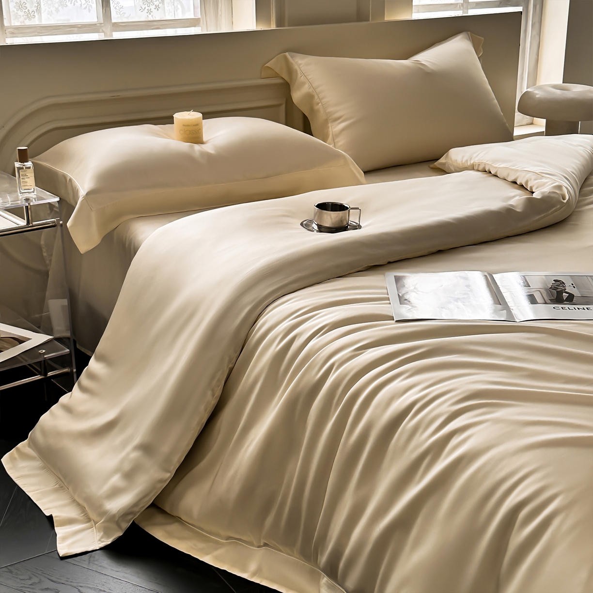 91家纺网 家纺一手货源 找家纺 安妮家居 2025新款100S长绒棉贡缎纯色四件套 奶白色