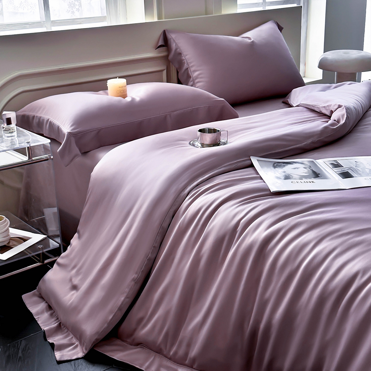 91家纺网 家纺一手货源 找家纺 安妮家居 2025新款100S长绒棉贡缎纯色四件套 柔缦紫