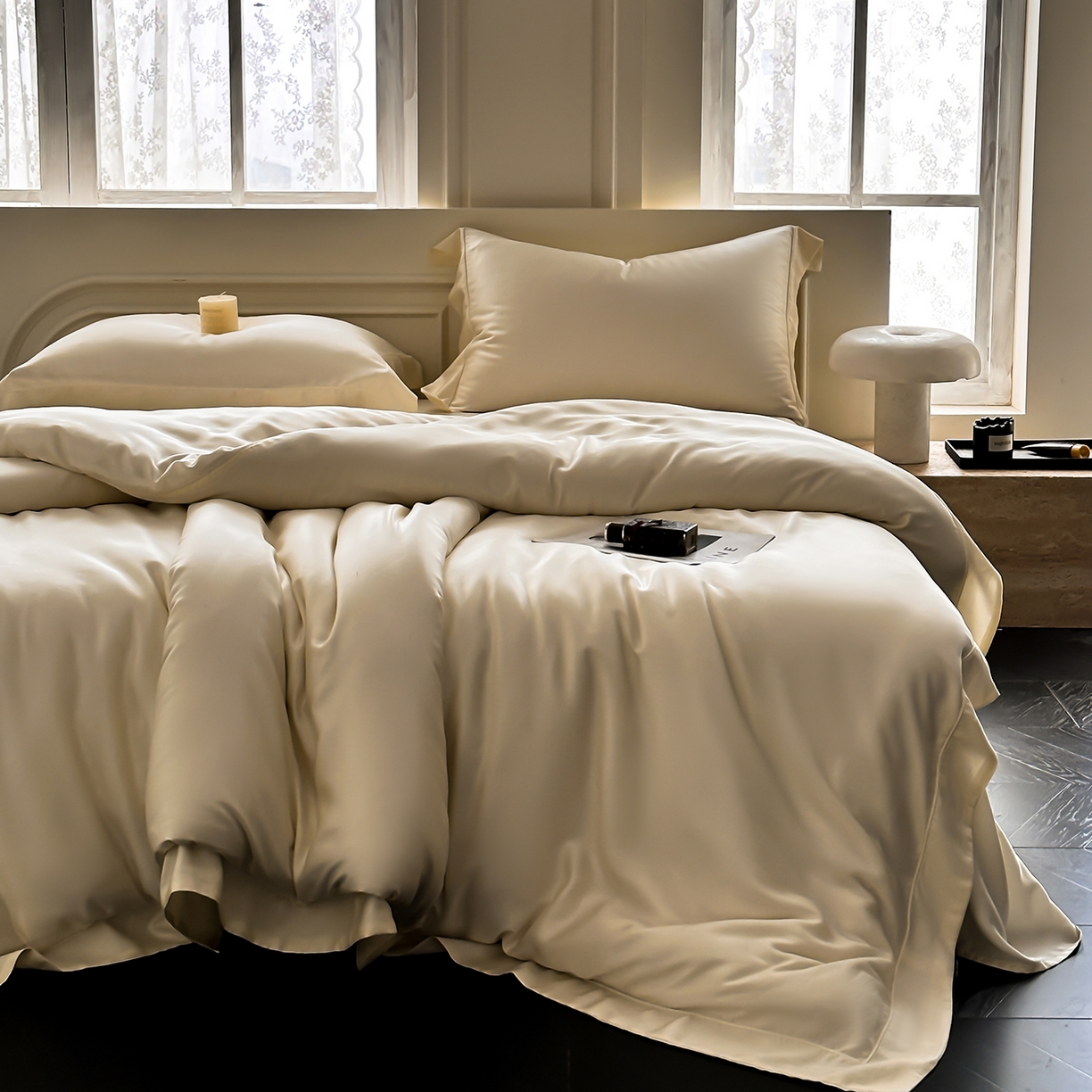 91家纺网 家纺一手货源 找家纺 安妮家居 2025新款100S长绒棉贡缎纯色四件套 奶白色