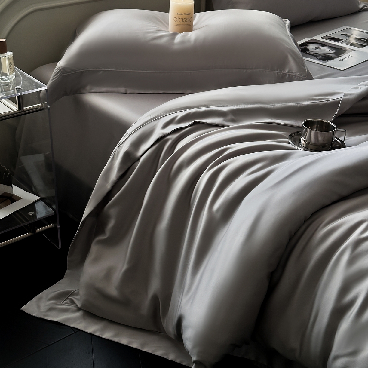 91家纺网 家纺一手货源 找家纺 安妮家居 2025新款100S长绒棉贡缎纯色四件套 胧月灰