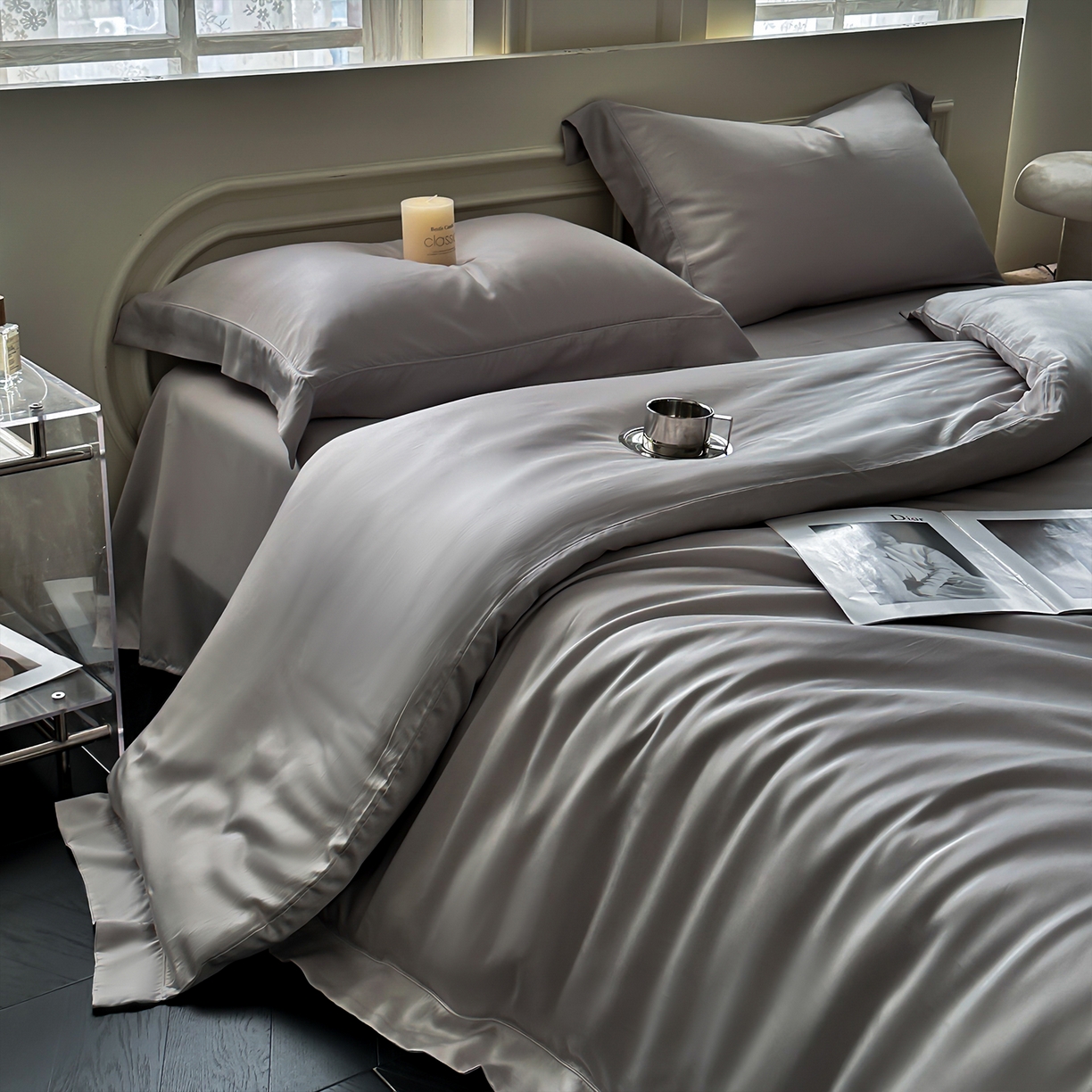 91家纺网 家纺一手货源 找家纺 安妮家居 2025新款100S长绒棉贡缎纯色四件套 胧月灰