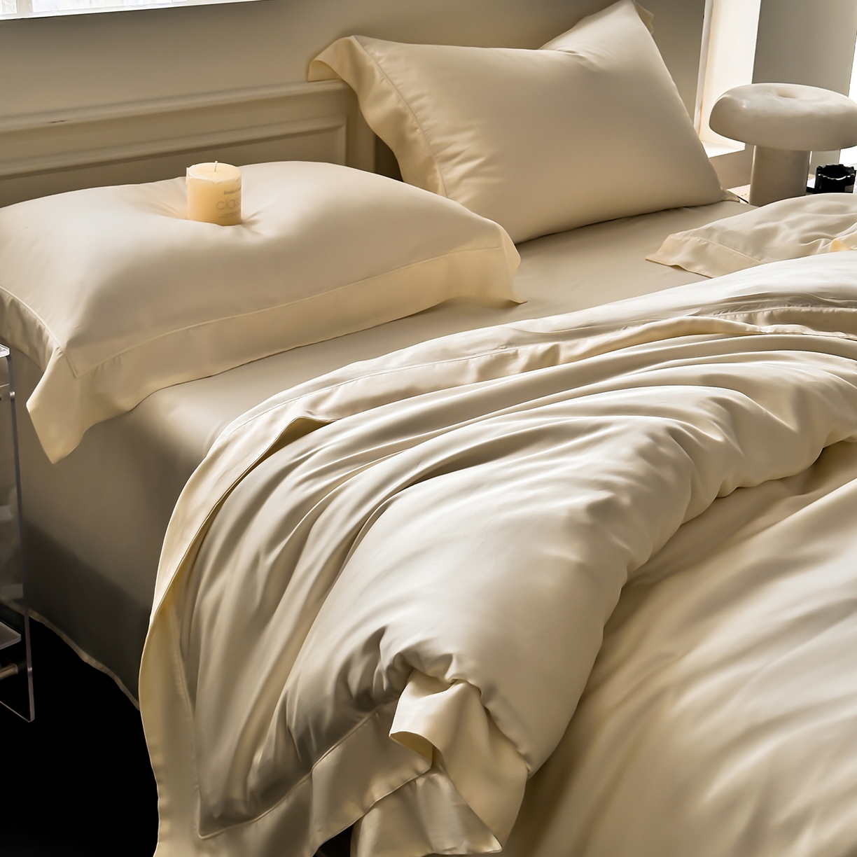 91家纺网 家纺一手货源 找家纺 安妮家居 2025新款100S长绒棉贡缎纯色四件套 奶白色