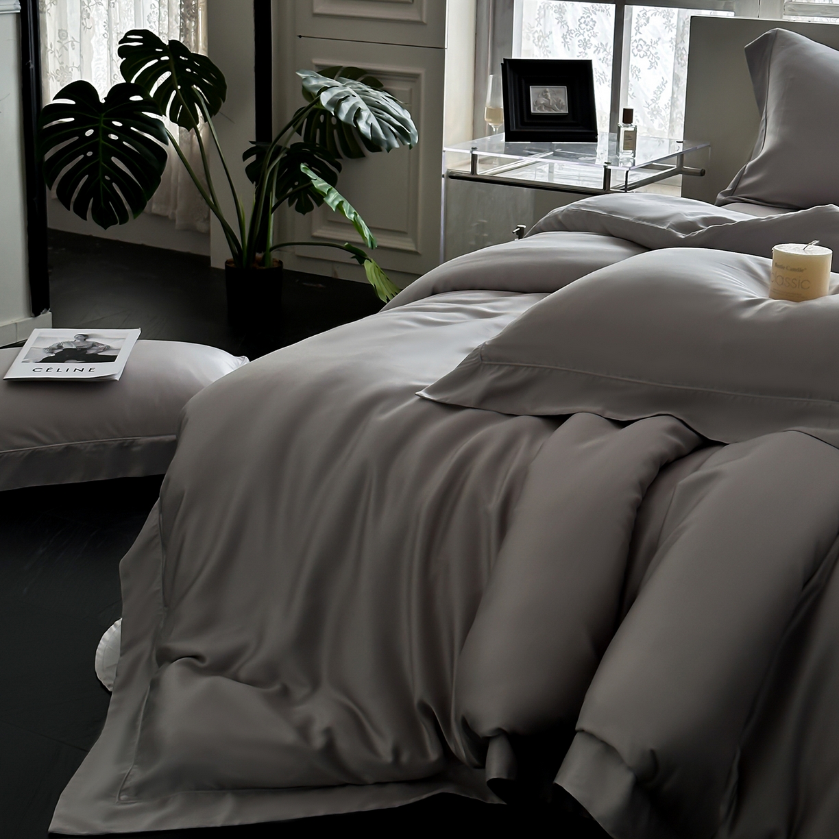 91家纺网 家纺一手货源 找家纺 安妮家居 2025新款100S长绒棉贡缎纯色四件套 胧月灰