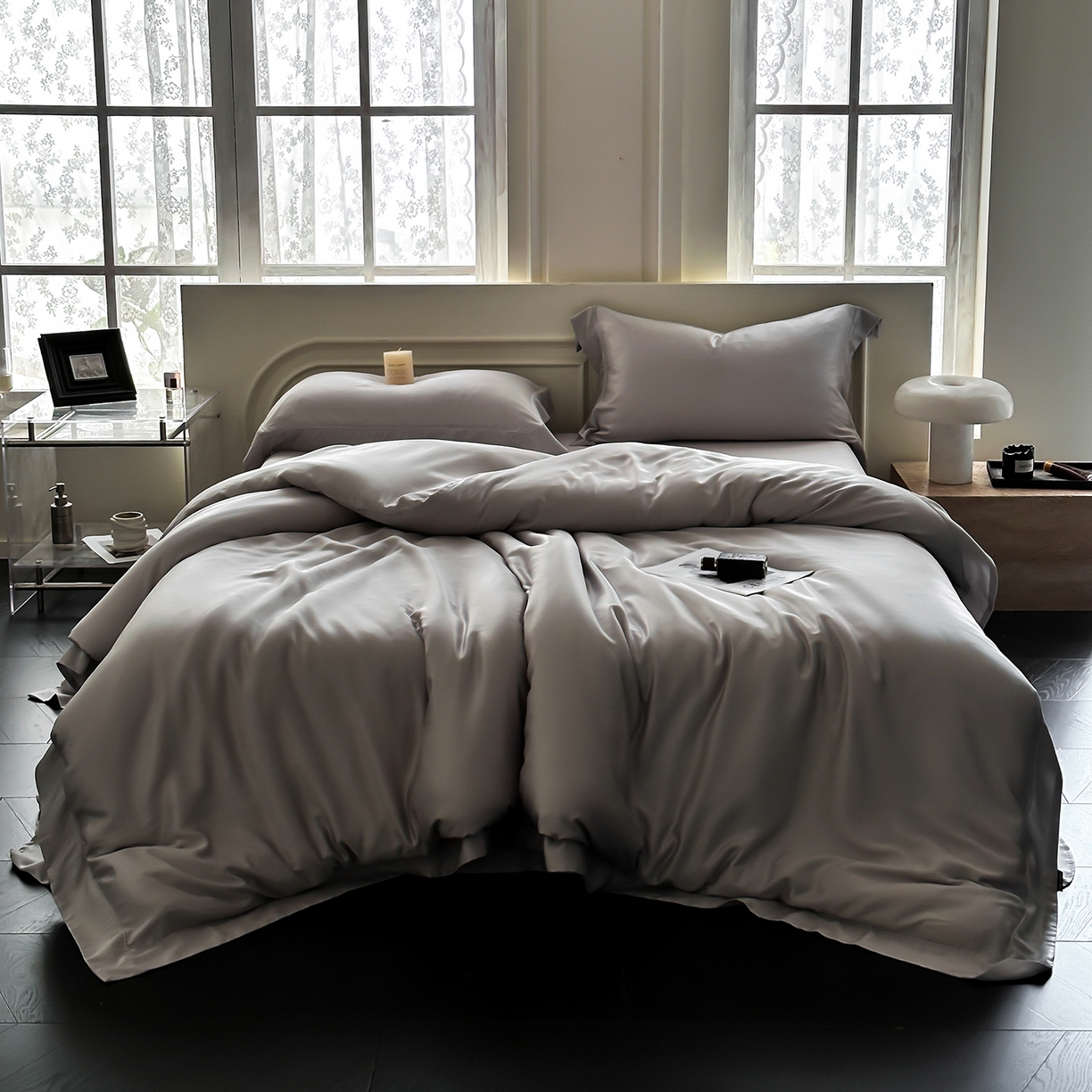 91家纺网 家纺一手货源 找家纺 安妮家居 2025新款100S长绒棉贡缎纯色四件套 胧月灰