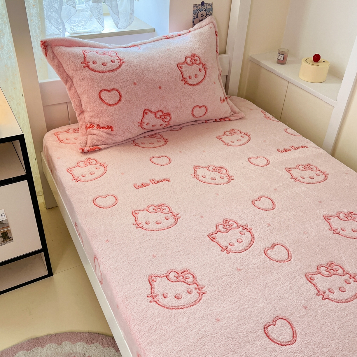 91家纺网 家纺一手货源 找家纺 川悦生活 2025新款雪花绒宿舍单床笠 床笠爱心喵喵