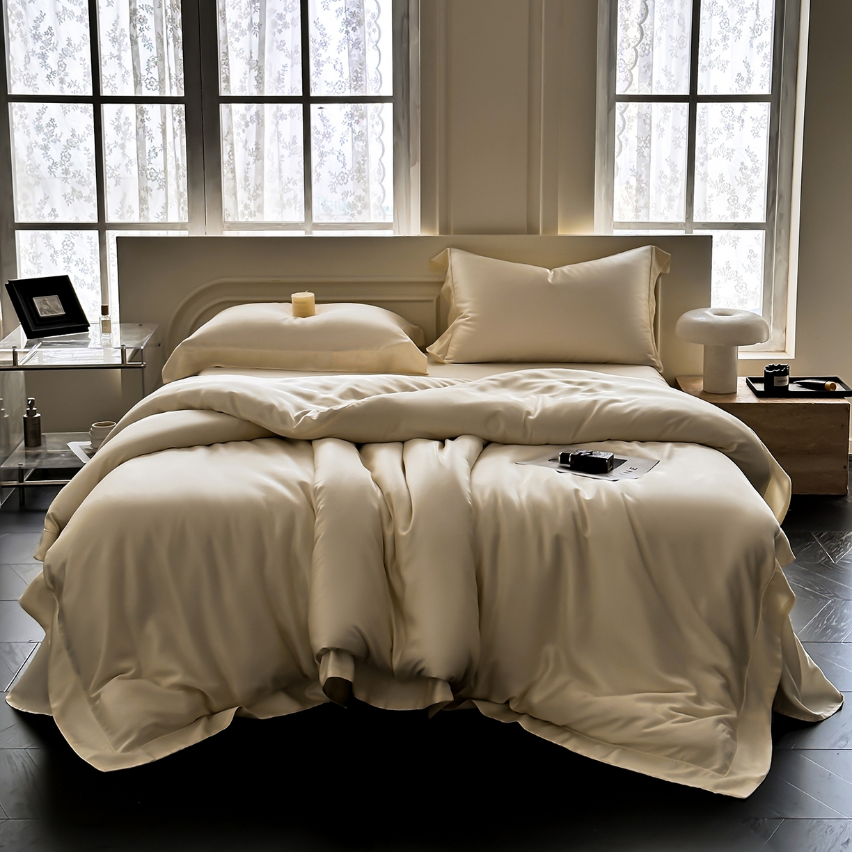 91家纺网 家纺一手货源 找家纺 安妮家居 2025新款100S长绒棉贡缎纯色四件套 奶白色