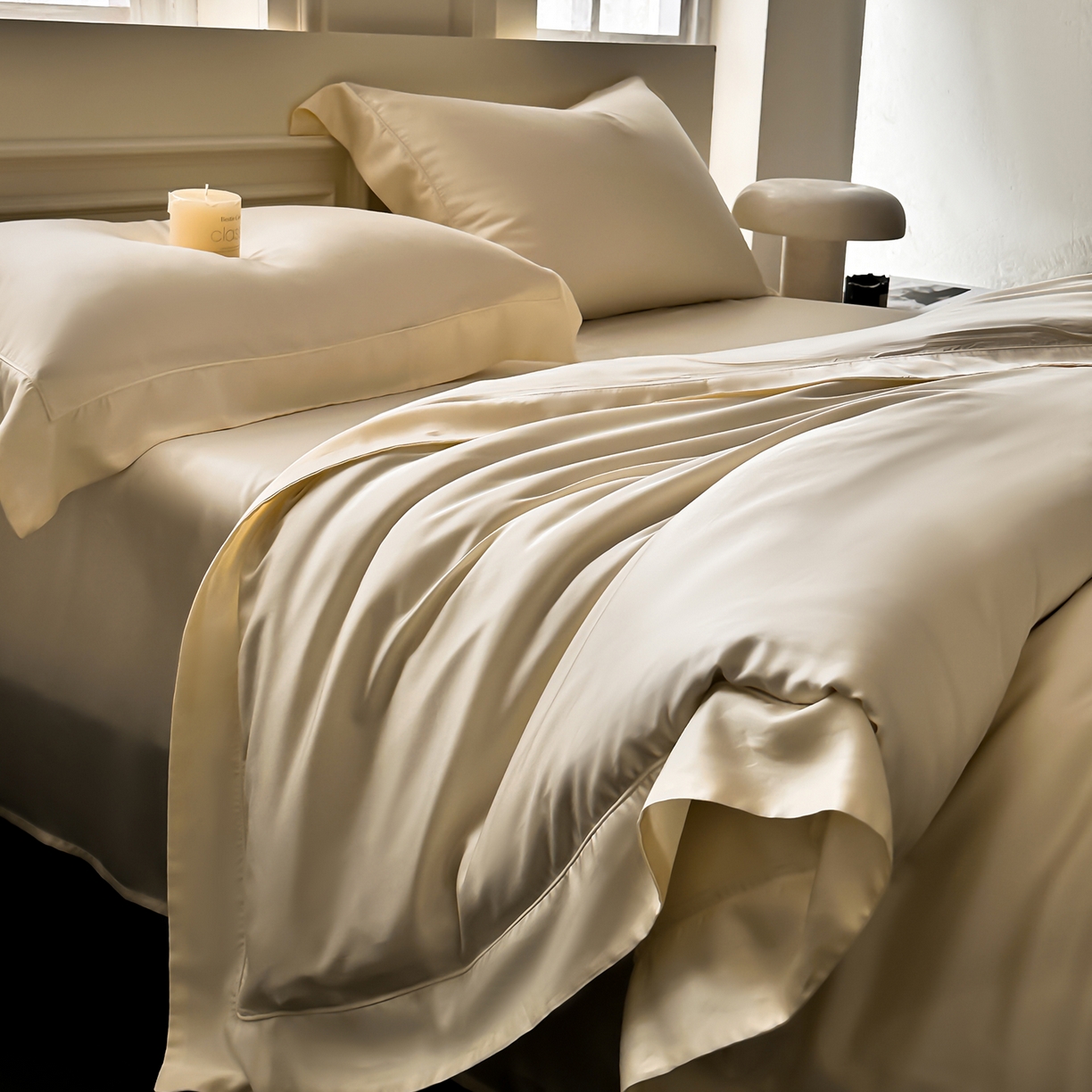 91家纺网 家纺一手货源 找家纺 安妮家居 2025新款100S长绒棉贡缎纯色四件套 奶白色