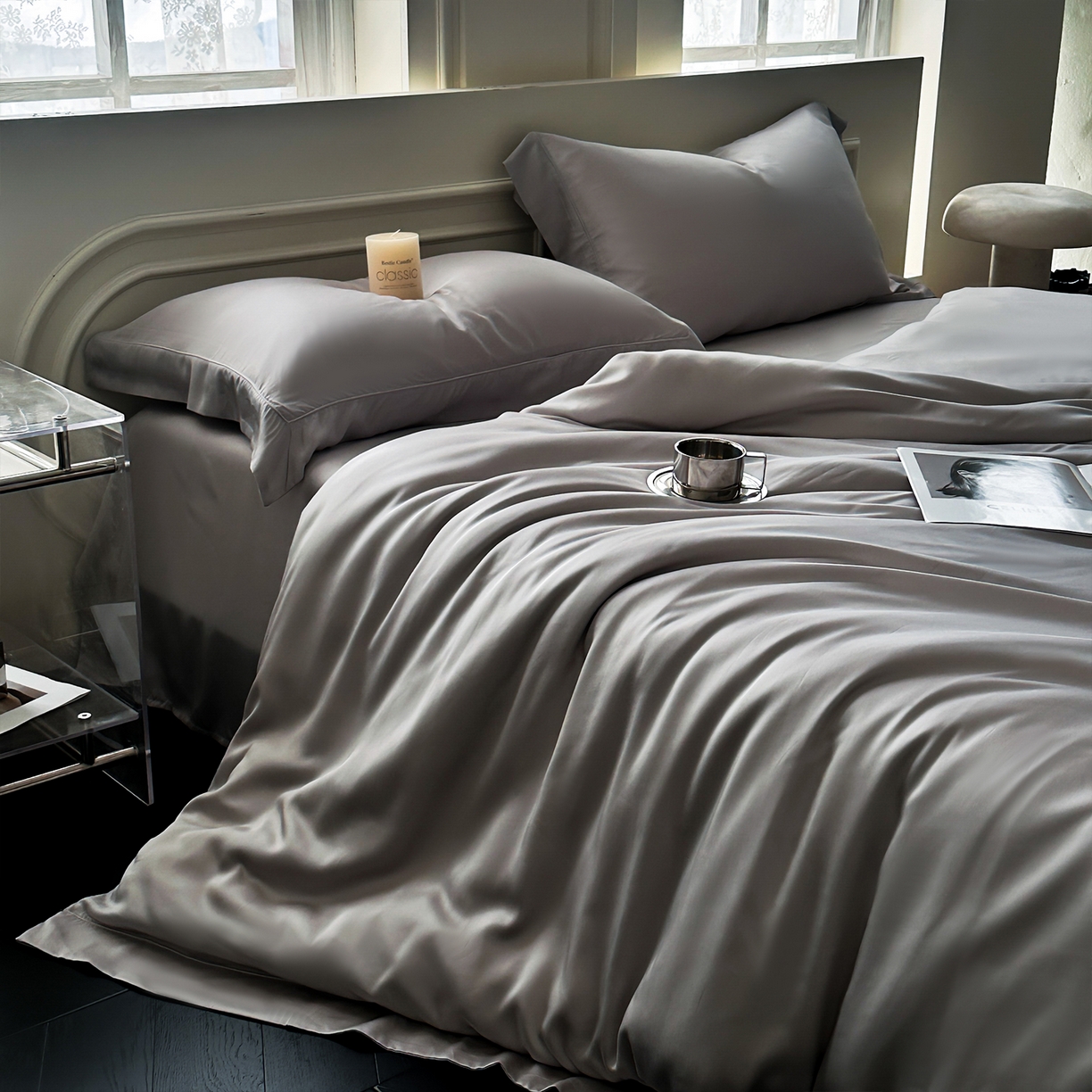 安妮家居 2025新款100S长绒棉贡缎纯色四件套 胧月灰