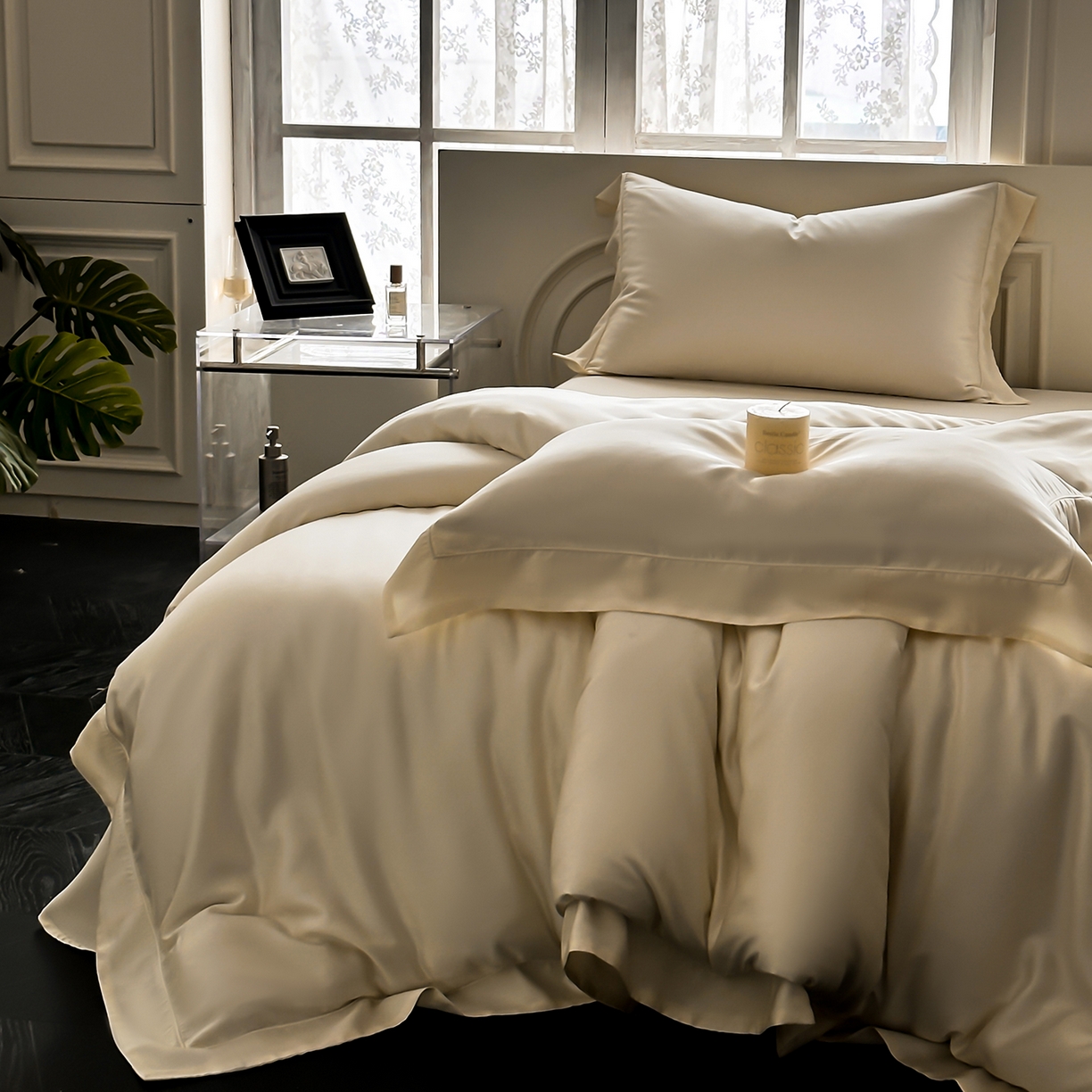 91家纺网 家纺一手货源 找家纺 安妮家居 2025新款100S长绒棉贡缎纯色四件套 奶白色