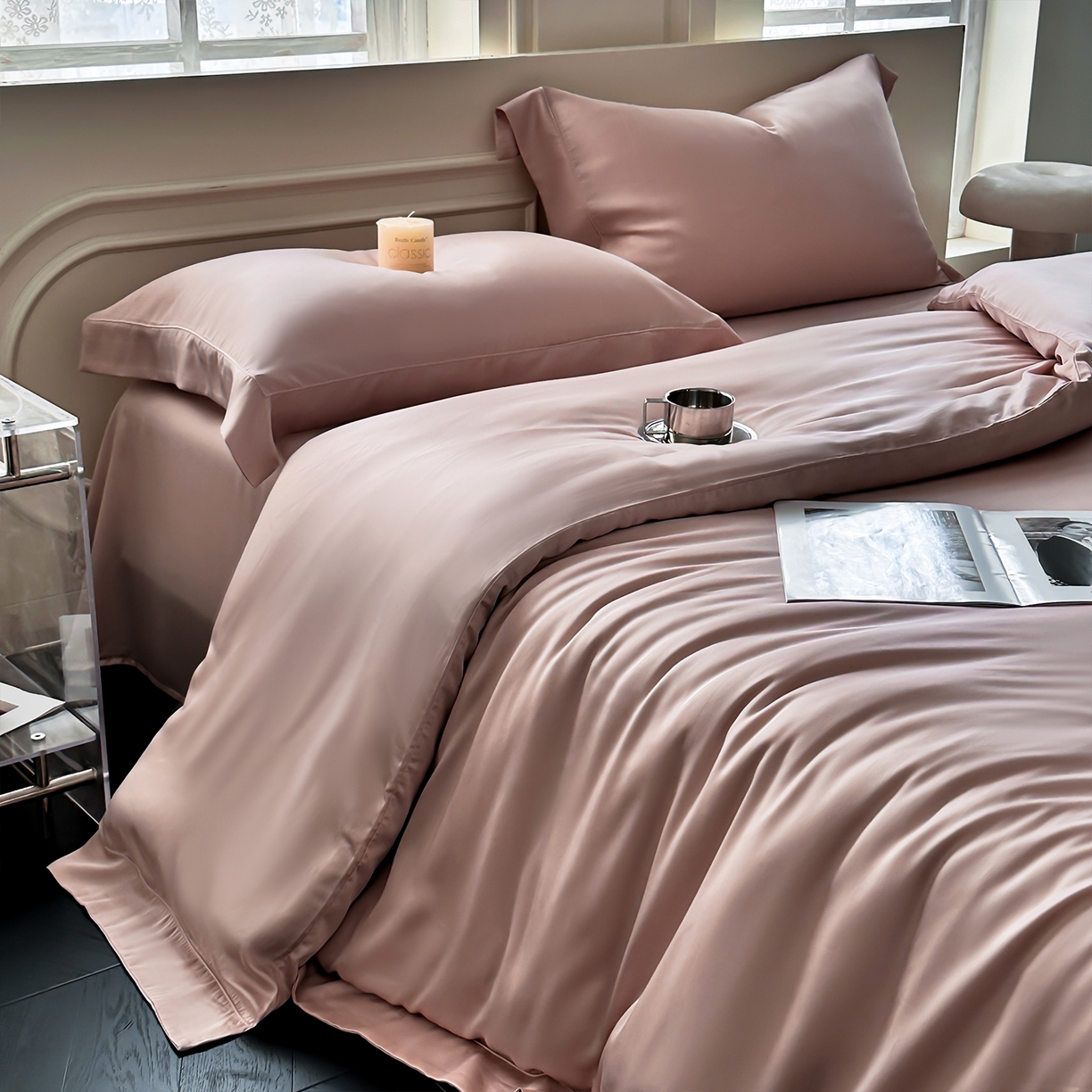 91家纺网 家纺一手货源 找家纺 安妮家居 2025新款100S长绒棉贡缎纯色四件套 蔷薇粉