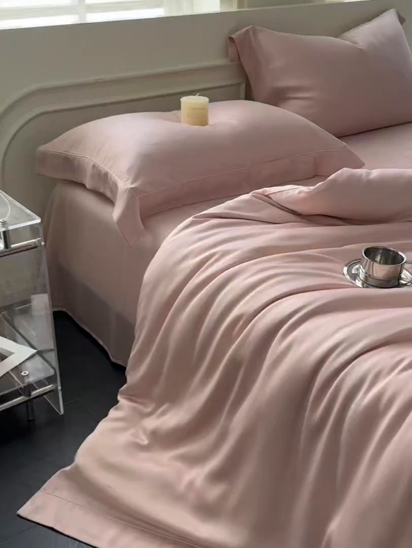 91家纺网 家纺一手货源 找家纺 安妮家居 2025新款100S长绒棉贡缎纯色四件套 蔷薇粉