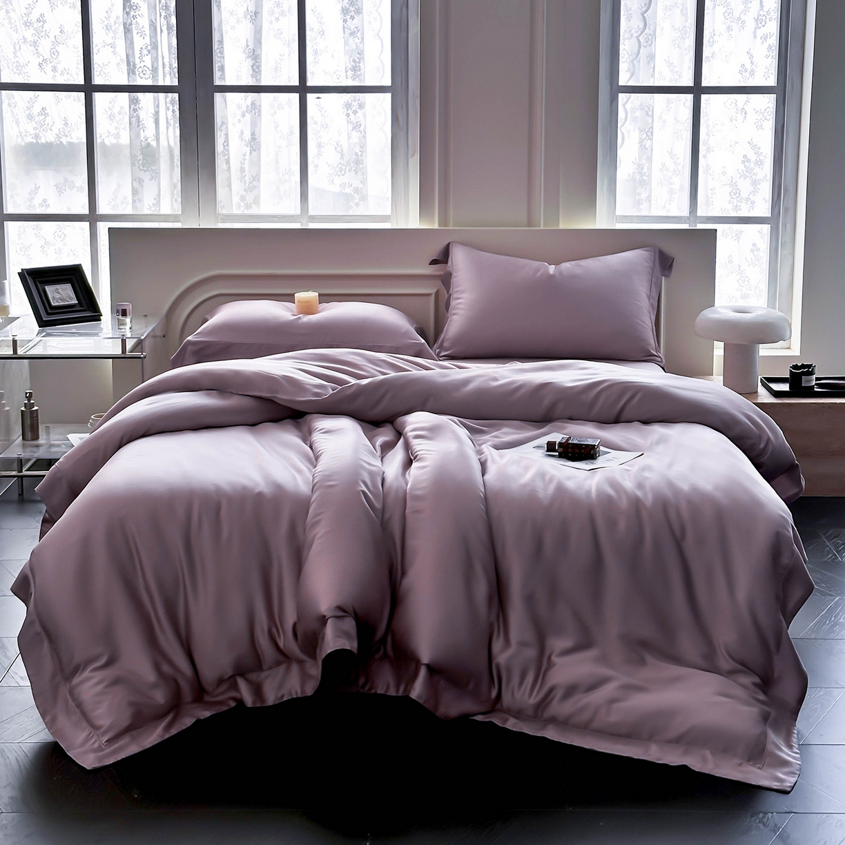 91家纺网 家纺一手货源 找家纺 安妮家居 2025新款100S长绒棉贡缎纯色四件套 柔缦紫