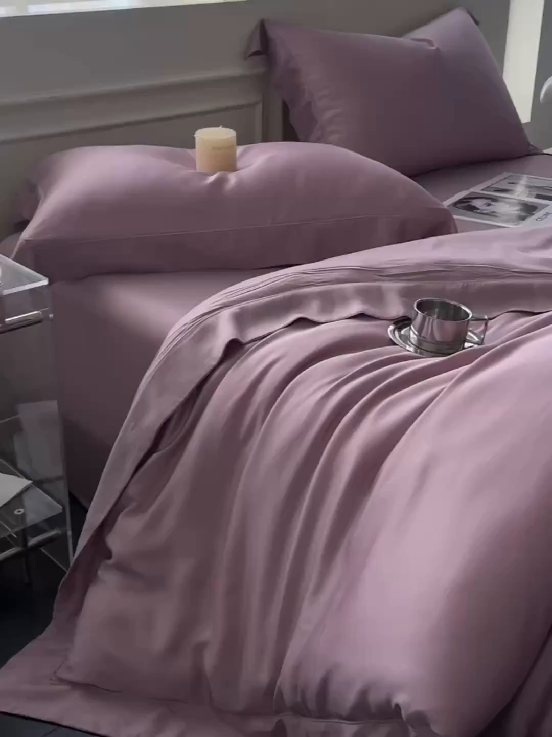 91家纺网 家纺一手货源 找家纺 安妮家居 2025新款100S长绒棉贡缎纯色四件套 柔缦紫