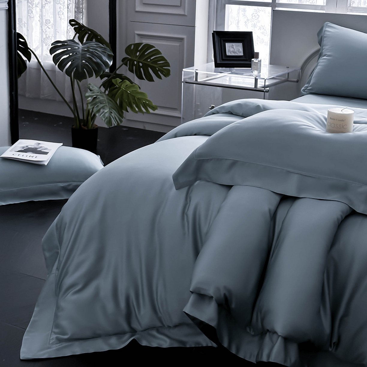 91家纺网 家纺一手货源 找家纺 安妮家居 2025新款100S长绒棉贡缎纯色四件套 水漾蓝