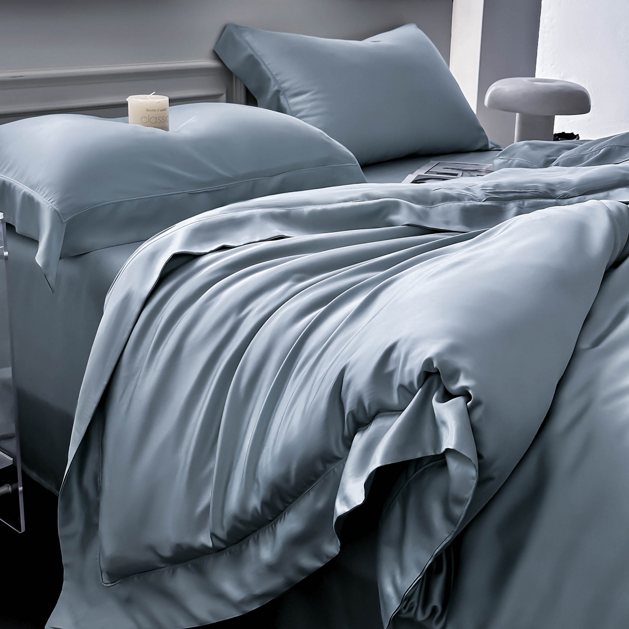 91家纺网 家纺一手货源 找家纺 安妮家居 2025新款100S长绒棉贡缎纯色四件套 水漾蓝