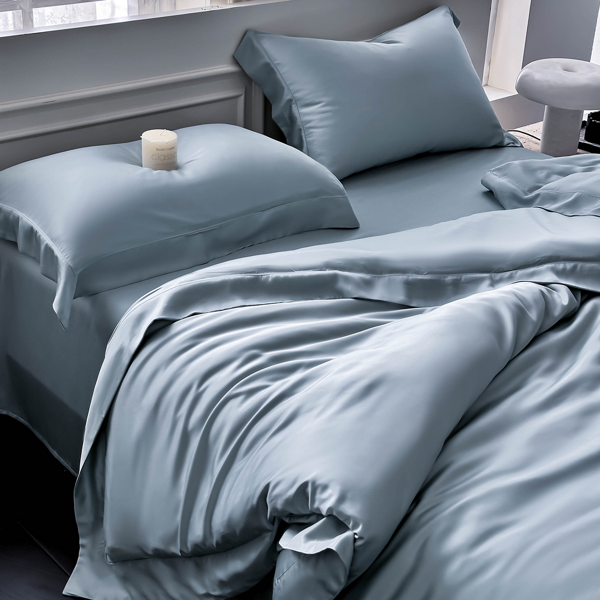 91家纺网 家纺一手货源 找家纺 安妮家居 2025新款100S长绒棉贡缎纯色四件套 水漾蓝