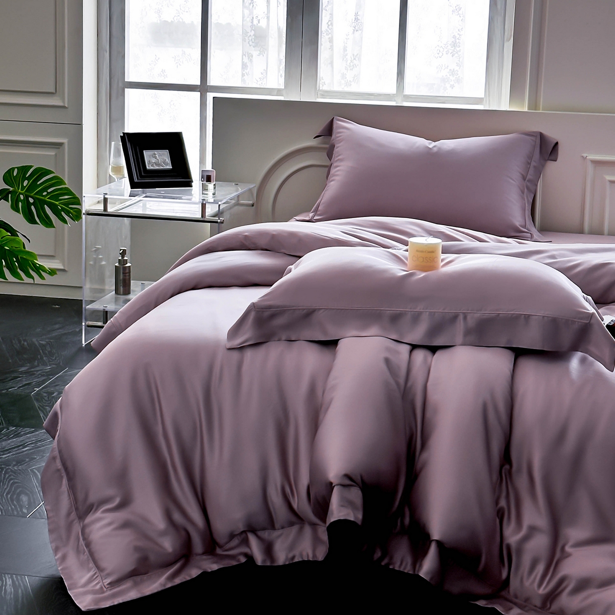 91家纺网 家纺一手货源 找家纺 安妮家居 2025新款100S长绒棉贡缎纯色四件套 柔缦紫