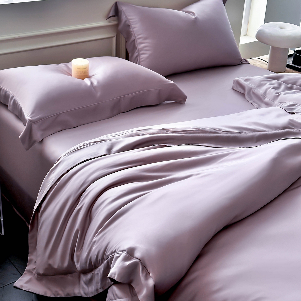 91家纺网 家纺一手货源 找家纺 安妮家居 2025新款100S长绒棉贡缎纯色四件套 柔缦紫