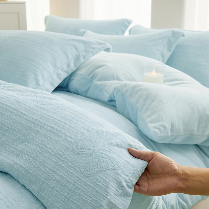 91家纺网 家纺一手货源 找家纺 亿梵 2025秋冬新款A类全消光牛奶绒立体5D雕花绒四件套 田间梦蝶-天空蓝