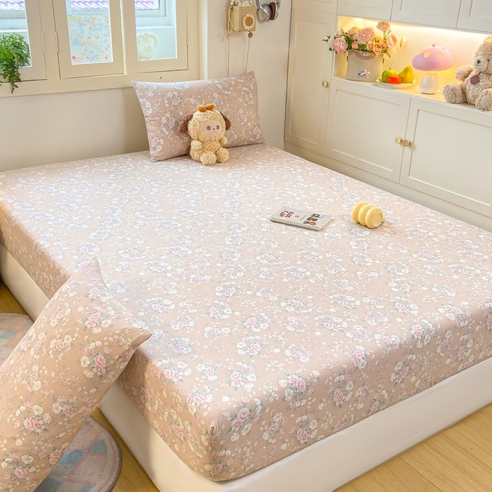 91家纺网 家纺一手货源 找家纺 玉海棠家纺 2025新款直播爆款双层纱床笠三件套 爱如星辰