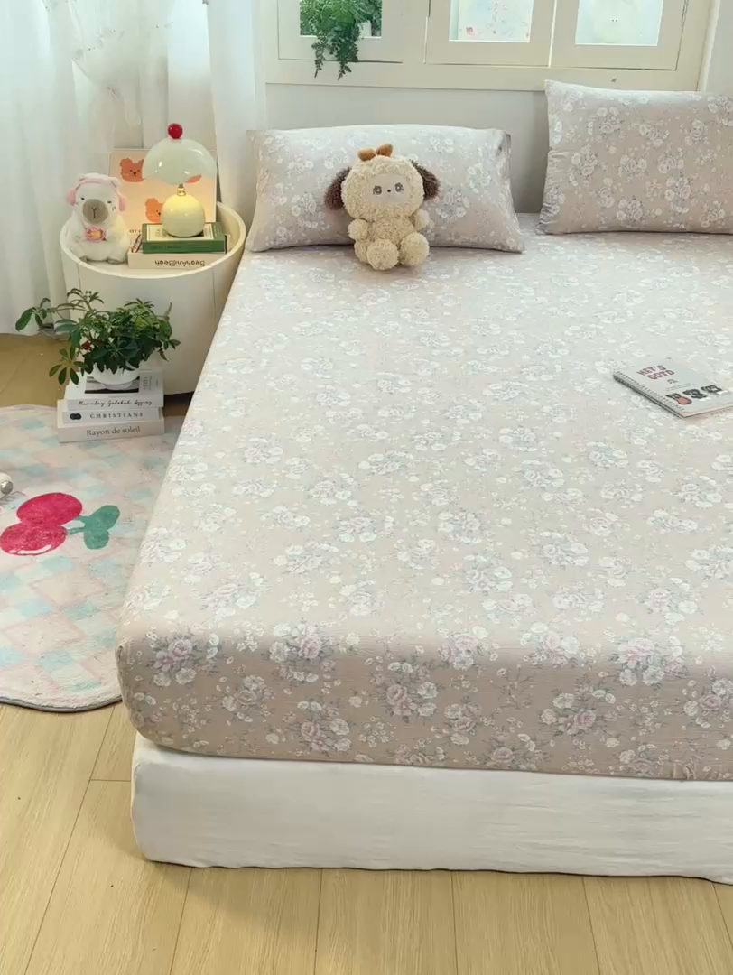 91家纺网 家纺一手货源 找家纺 玉海棠家纺 2025新款直播爆款双层纱床笠三件套 爱如星辰