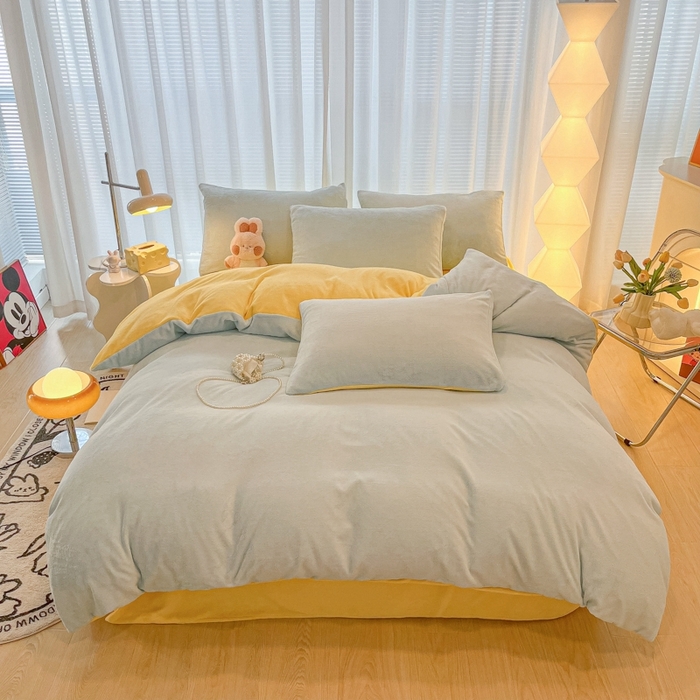 91家纺网 家纺一手货源 找家纺 悦织湾家纺 2025新款简约纯色牛奶绒四件套条纹轻奢时尚冬季加厚保暖床上用品学生宿舍三四件套 牛奶绒-天空兰+浅黄