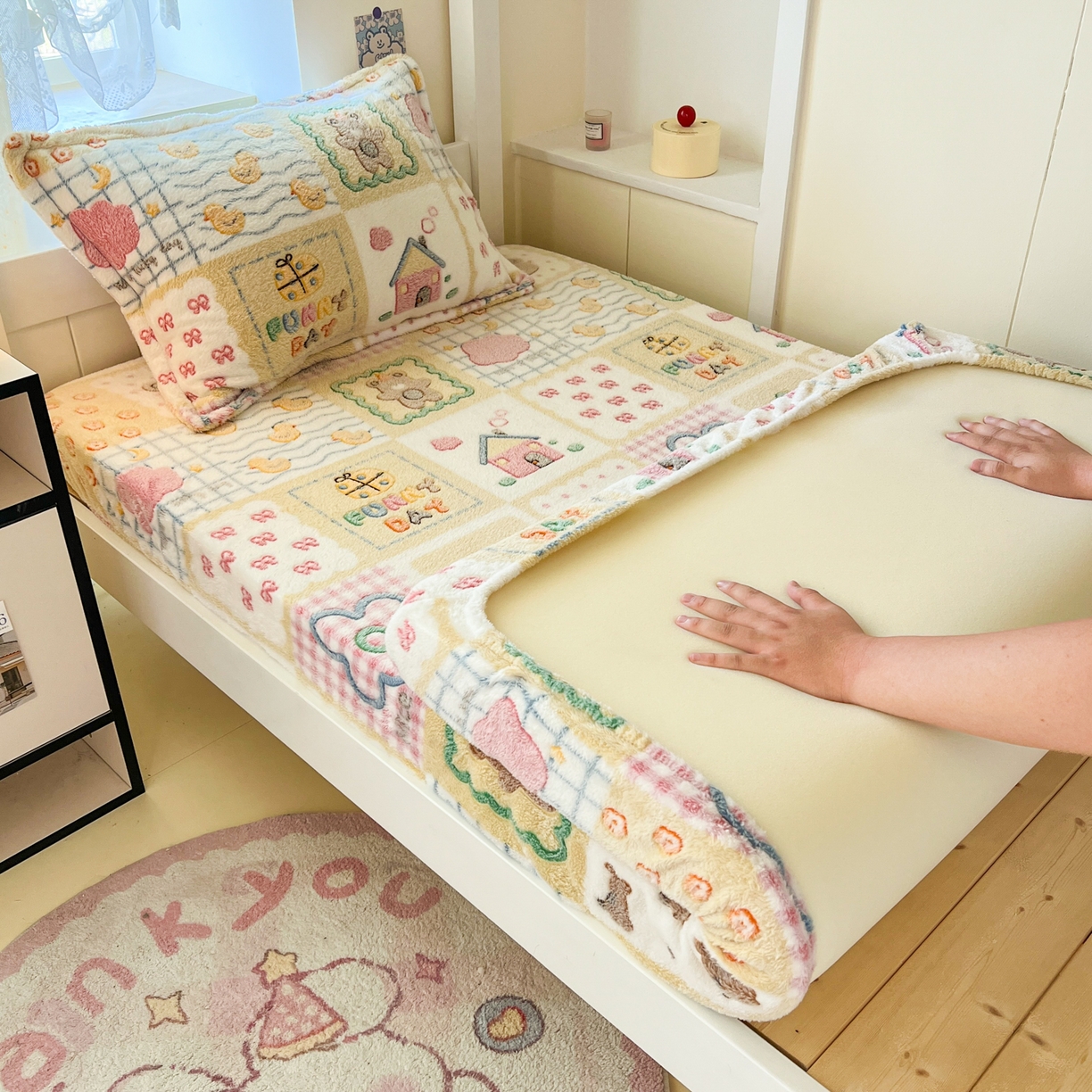 川悦生活 2025新款雪花绒宿舍单床笠 床笠嘎嘎小熊