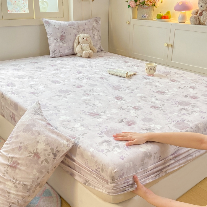 玉海棠家纺 2025新款直播爆款双层纱床笠三件套 粉雾仲夏