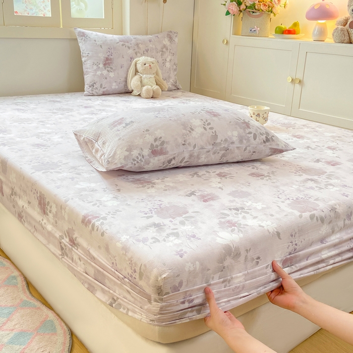 91家纺网 家纺一手货源 找家纺 玉海棠家纺 2025新款直播爆款双层纱床笠三件套 粉雾仲夏