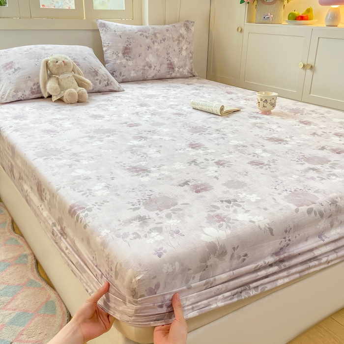 91家纺网 家纺一手货源 找家纺 玉海棠家纺 2025新款直播爆款双层纱床笠三件套 粉雾仲夏