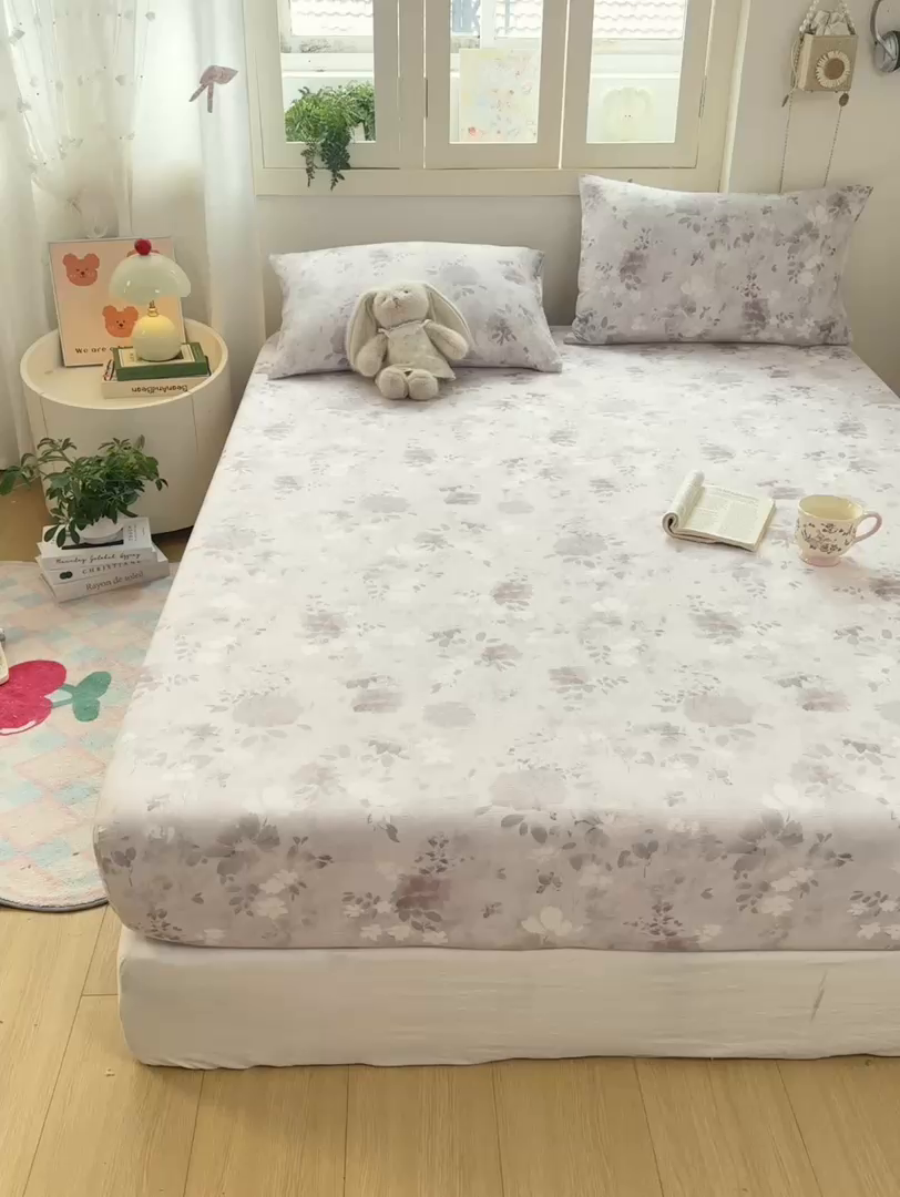 91家纺网 家纺一手货源 找家纺 玉海棠家纺 2025新款直播爆款双层纱床笠三件套 粉雾仲夏