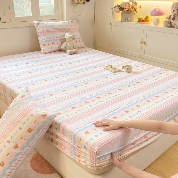 玉海棠家纺 2025新款直播爆款双层纱床笠三件套 粉小熊