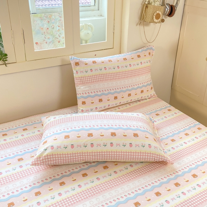 91家纺网 家纺一手货源 找家纺 玉海棠家纺 2025新款直播爆款双层纱床笠三件套 粉小熊