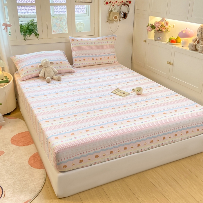 91家纺网 家纺一手货源 找家纺 玉海棠家纺 2025新款直播爆款双层纱床笠三件套 粉小熊