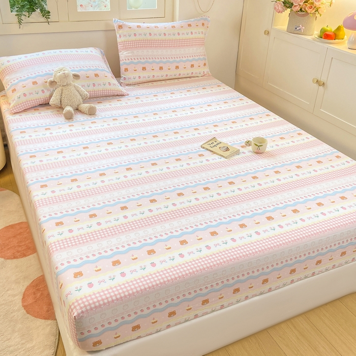 91家纺网 家纺一手货源 找家纺 玉海棠家纺 2025新款直播爆款双层纱床笠三件套 粉小熊