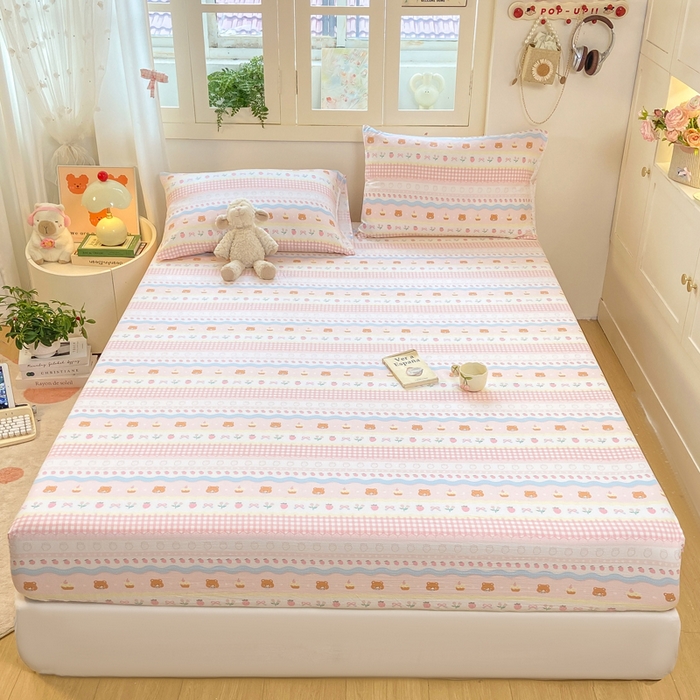 91家纺网 家纺一手货源 找家纺 玉海棠家纺 2025新款直播爆款双层纱床笠三件套 粉小熊